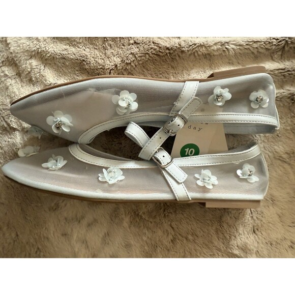 NWT A New DayFloral Mesh Ballet Flats Mint Green White Daisies Rhinestone 10 - Picture 11 of 14